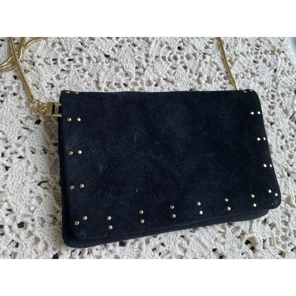 Free People Kingston Crossbody‎ Bag Black Suede Gold Studded Clutch Boho Glam